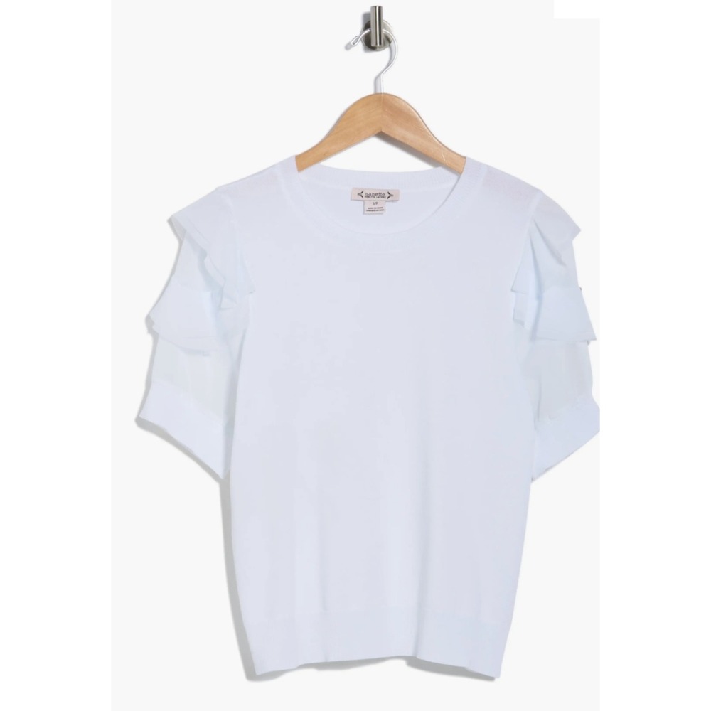Nanette Lepore Womens White Short Sleeve Ruffle Tiered Knit Top New Small - Picture 3 of 11
